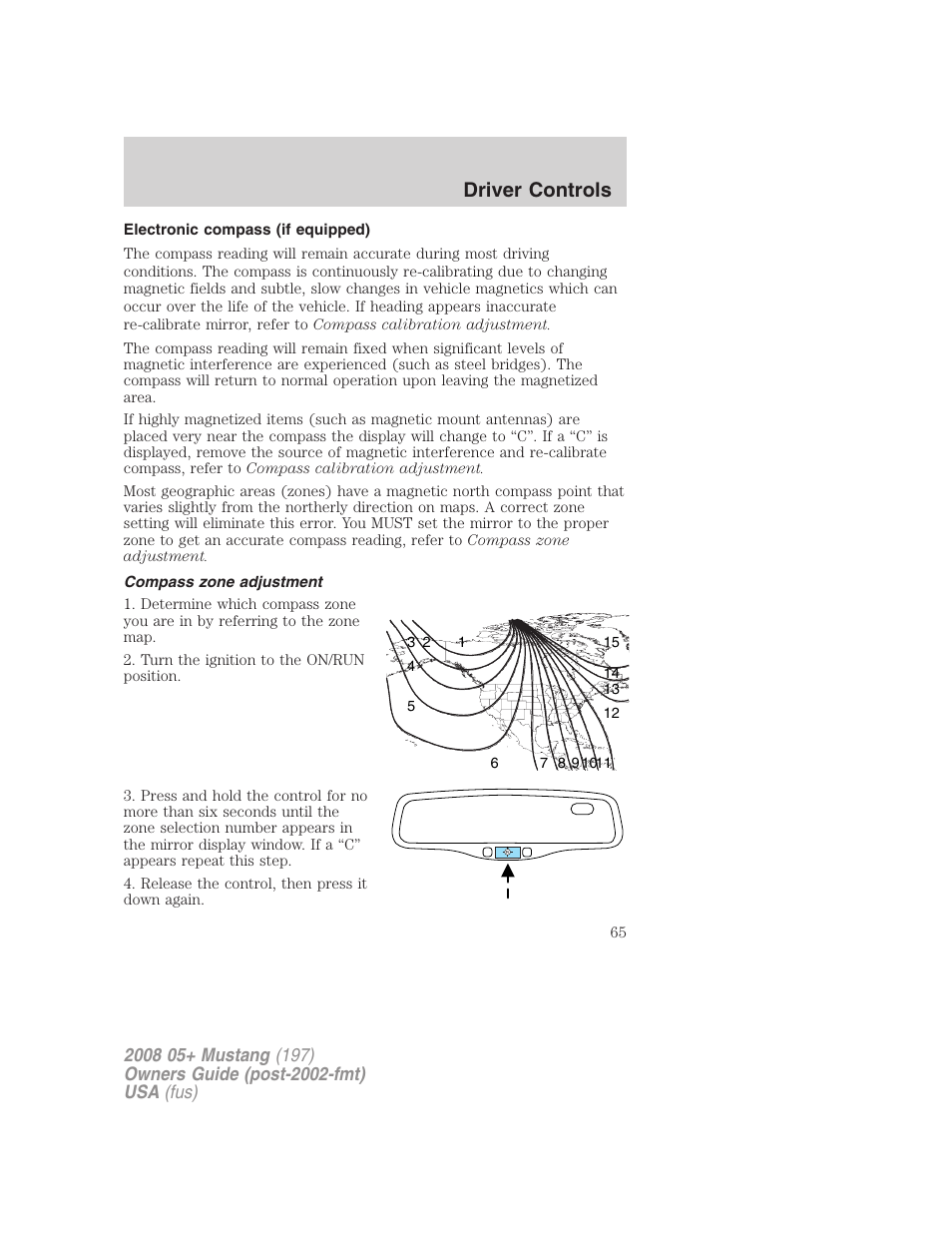 Electronic compass (if equipped), Compass zone adjustment, Driver controls | FORD 2008 Mustang v.3 User Manual | Page 65 / 285
