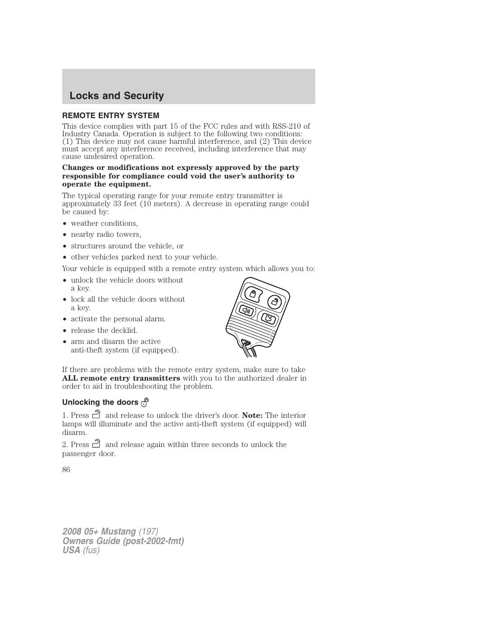 Remote entry system, Unlocking the doors, Locks and security | FORD 2008 Mustang v.3 User Manual | Page 86 / 285