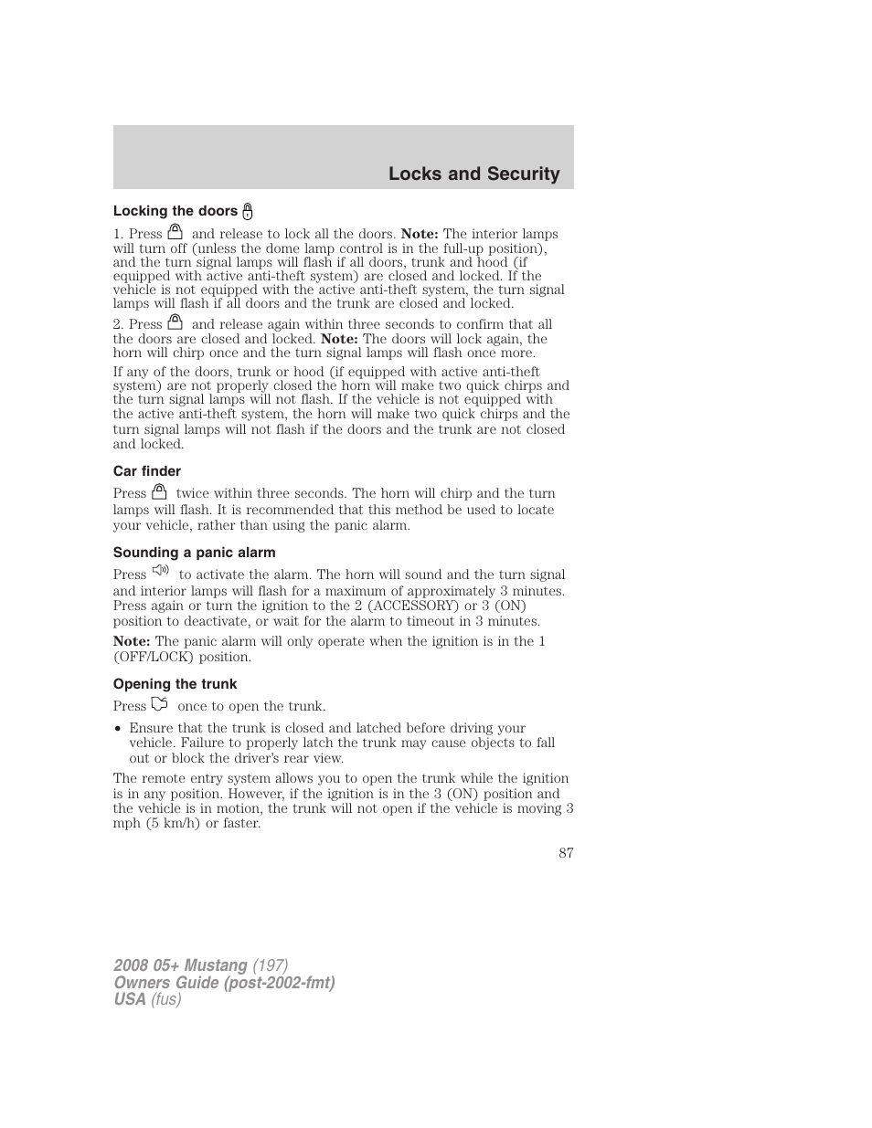 Locking the doors, Car finder, Sounding a panic alarm | Opening the trunk, Locks and security | FORD 2008 Mustang v.3 User Manual | Page 87 / 285