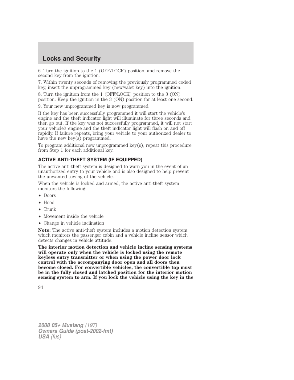 Active anti-theft system (if equipped), Locks and security | FORD 2008 Mustang v.3 User Manual | Page 94 / 285