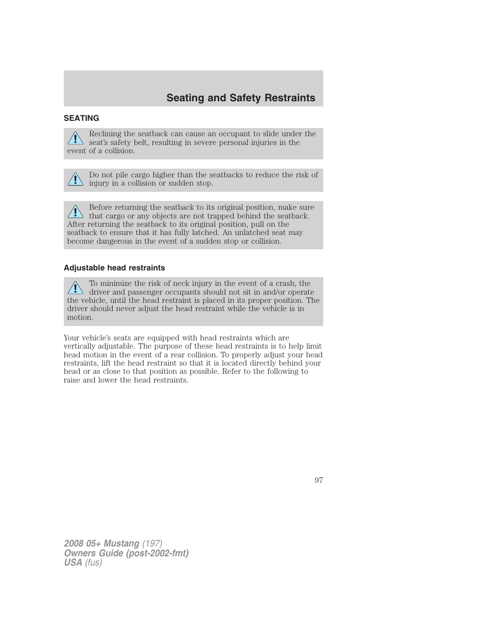 Seating and safety restraints, Seating, Adjustable head restraints | FORD 2008 Mustang v.3 User Manual | Page 97 / 285