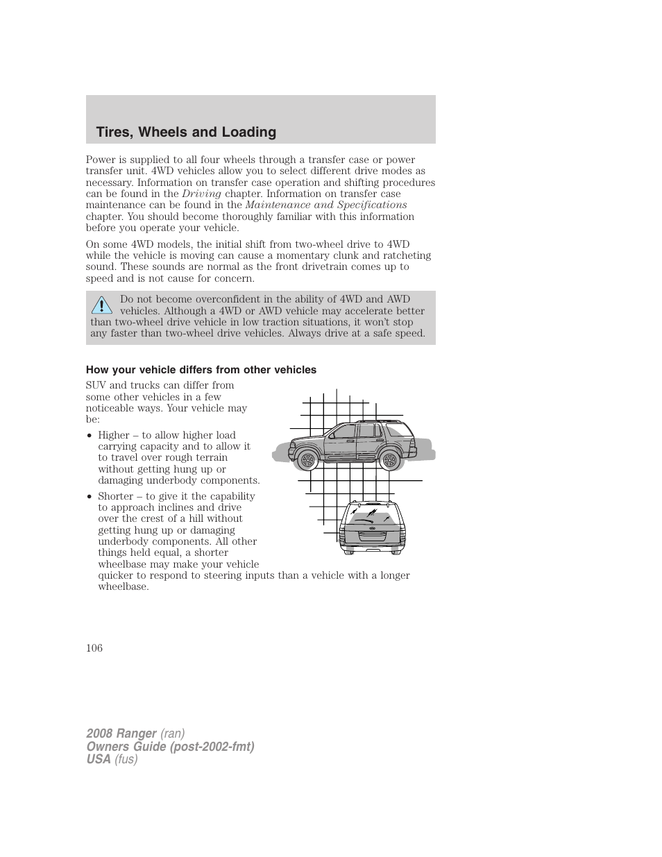 How your vehicle differs from other vehicles, Tires, wheels and loading | FORD 2008 Ranger v.1 User Manual | Page 106 / 272