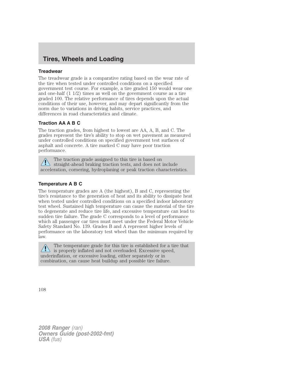 Treadwear, Traction aa a b c, Temperature a b c | Tires, wheels and loading | FORD 2008 Ranger v.1 User Manual | Page 108 / 272