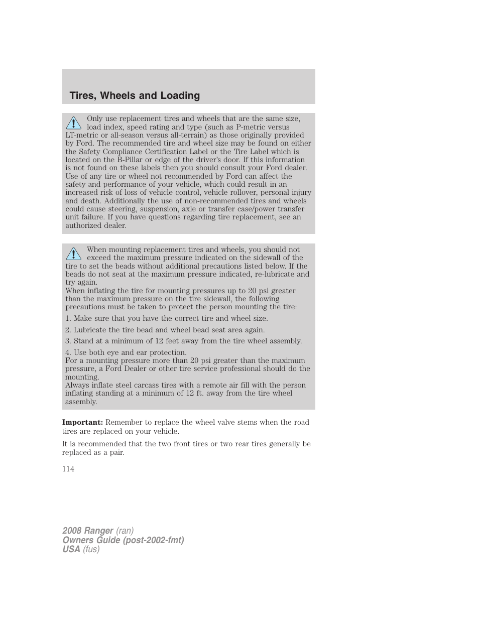 Tires, wheels and loading | FORD 2008 Ranger v.1 User Manual | Page 114 / 272