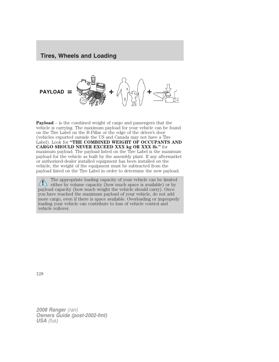 Tires, wheels and loading | FORD 2008 Ranger v.1 User Manual | Page 128 / 272