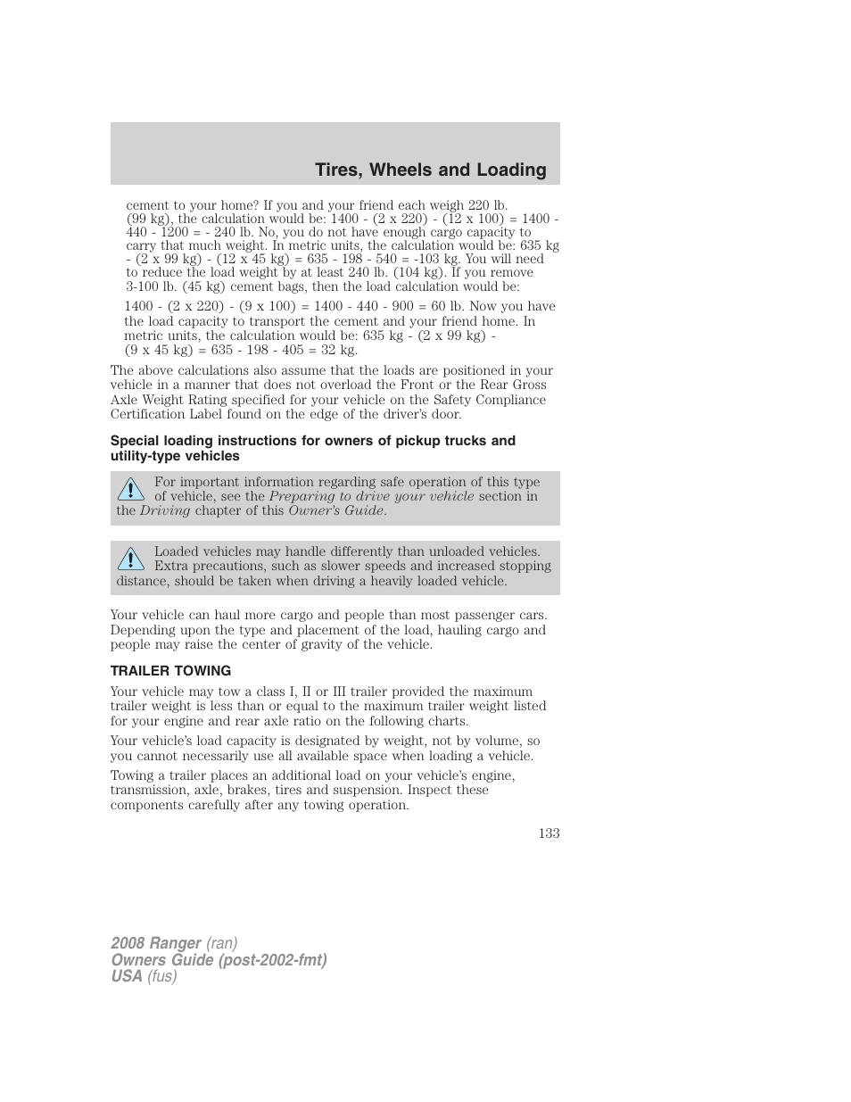 Trailer towing, Tires, wheels and loading | FORD 2008 Ranger v.1 User Manual | Page 133 / 272