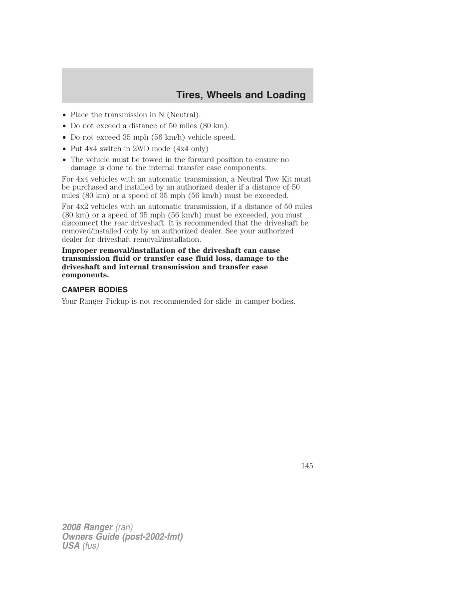 Camper bodies, Tires, wheels and loading | FORD 2008 Ranger v.1 User Manual | Page 145 / 272