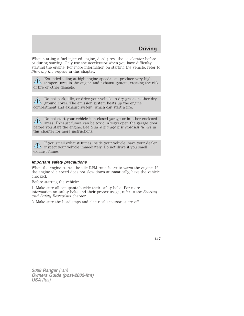 Important safety precautions, Driving | FORD 2008 Ranger v.1 User Manual | Page 147 / 272