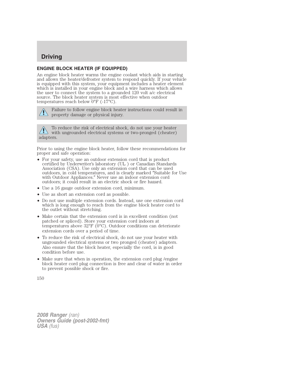Engine block heater (if equipped), Driving | FORD 2008 Ranger v.1 User Manual | Page 150 / 272