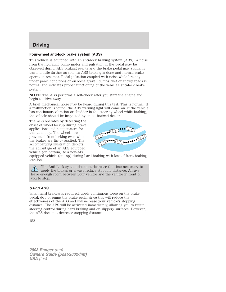 Four-wheel anti-lock brake system (abs), Using abs, Driving | FORD 2008 Ranger v.1 User Manual | Page 152 / 272