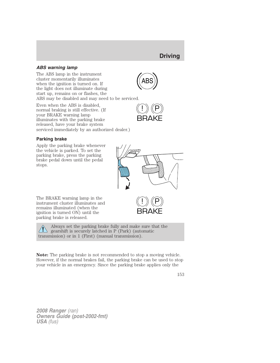 Abs warning lamp, Parking brake, Abs p ! brake p ! brake | FORD 2008 Ranger v.1 User Manual | Page 153 / 272