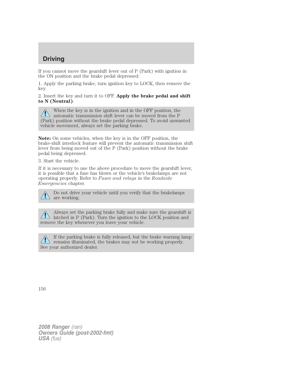 Driving | FORD 2008 Ranger v.1 User Manual | Page 156 / 272