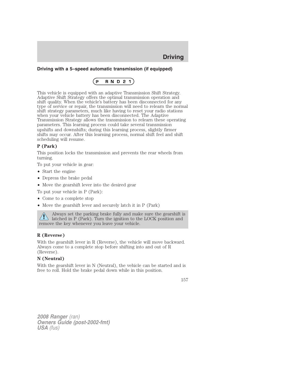 Driving | FORD 2008 Ranger v.1 User Manual | Page 157 / 272