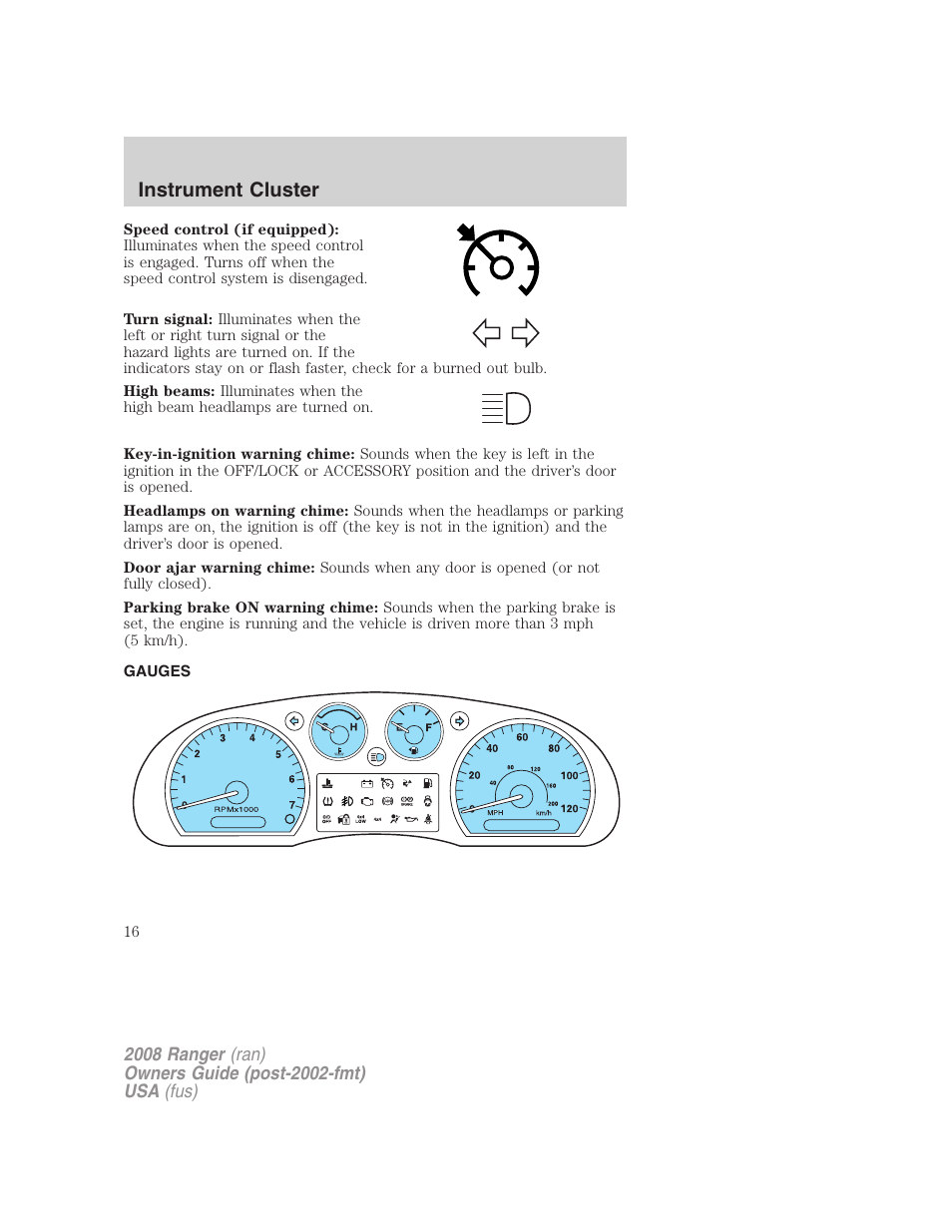 Gauges, Instrument cluster | FORD 2008 Ranger v.1 User Manual | Page 16 / 272