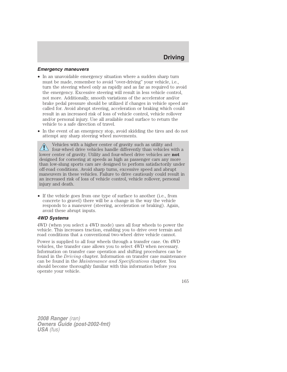 Emergency maneuvers, 4wd systems, Driving | FORD 2008 Ranger v.1 User Manual | Page 165 / 272