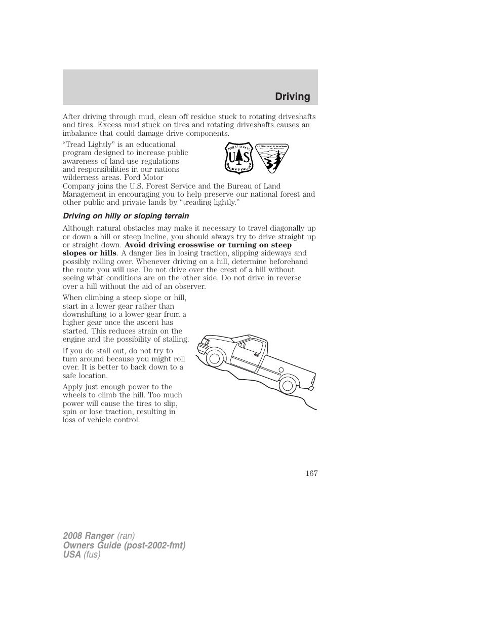 Driving on hilly or sloping terrain, Driving | FORD 2008 Ranger v.1 User Manual | Page 167 / 272