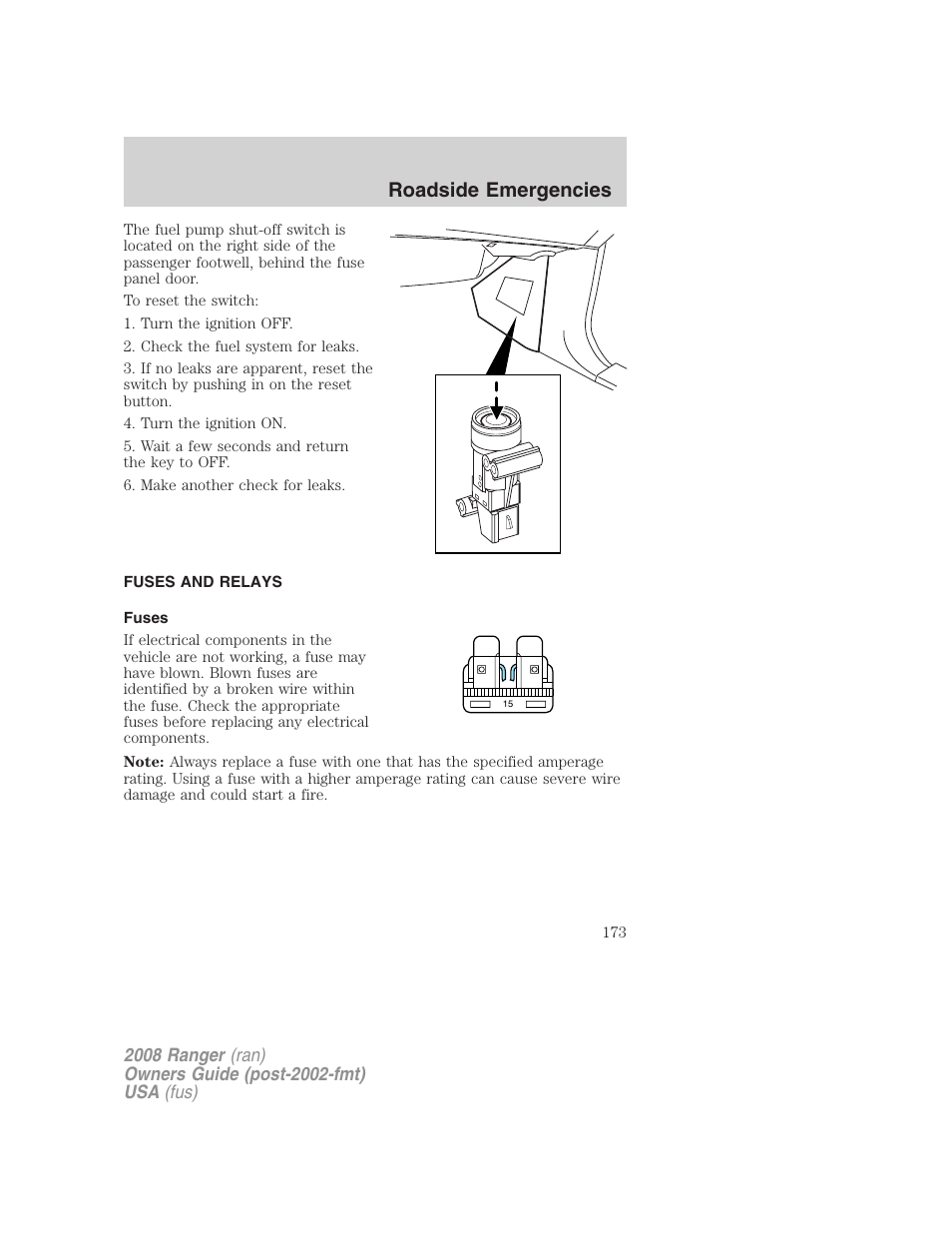 Fuses and relays, Fuses, Roadside emergencies | FORD 2008 Ranger v.1 User Manual | Page 173 / 272