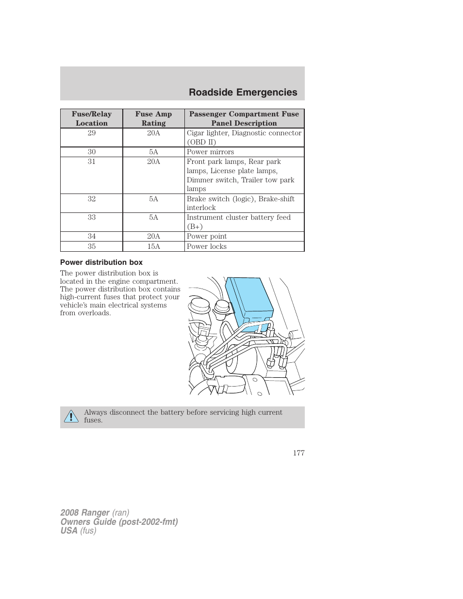 Power distribution box, Roadside emergencies | FORD 2008 Ranger v.1 User Manual | Page 177 / 272