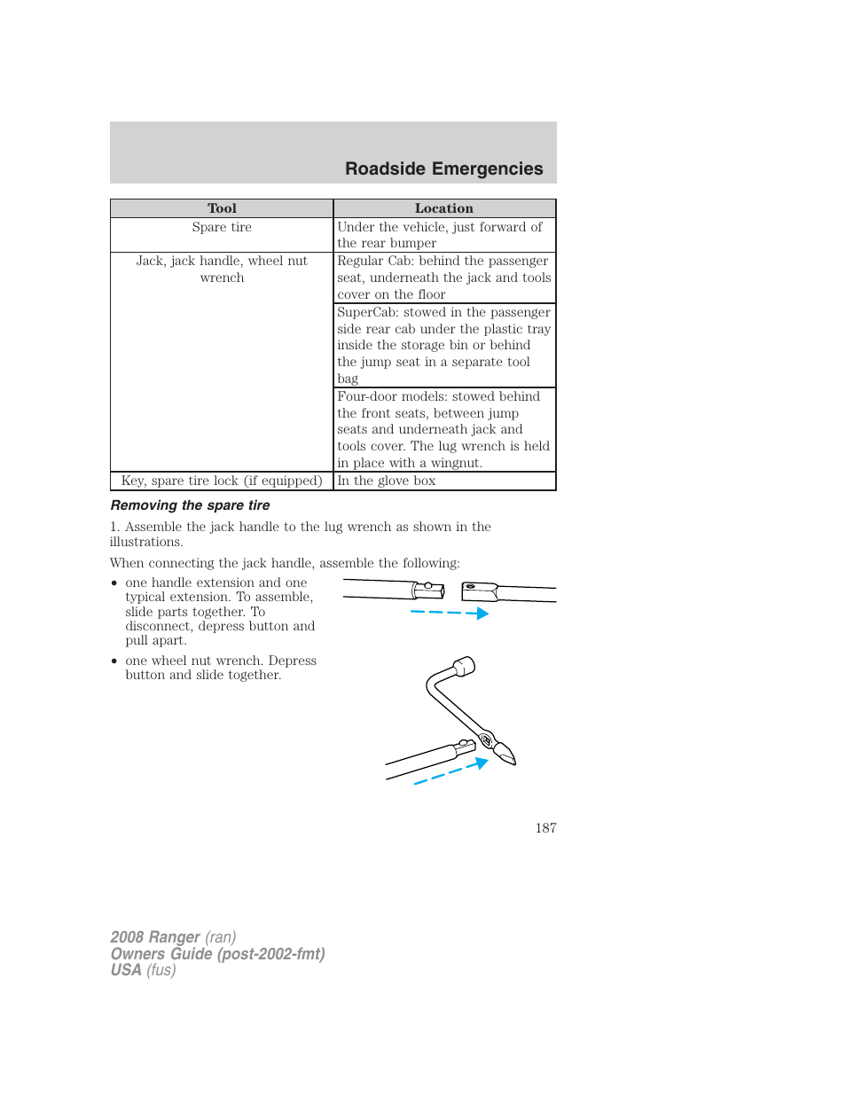 Removing the spare tire, Roadside emergencies | FORD 2008 Ranger v.1 User Manual | Page 187 / 272