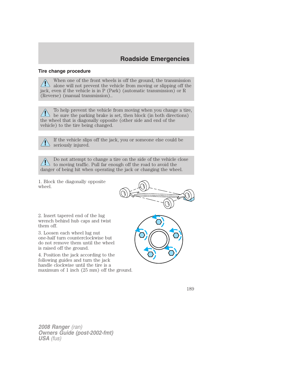 Tire change procedure, Roadside emergencies | FORD 2008 Ranger v.1 User Manual | Page 189 / 272