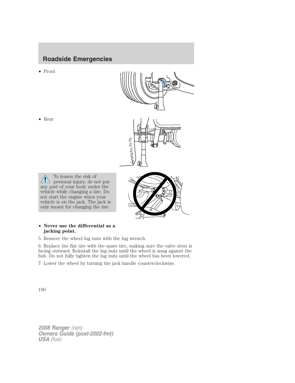 Roadside emergencies | FORD 2008 Ranger v.1 User Manual | Page 190 / 272