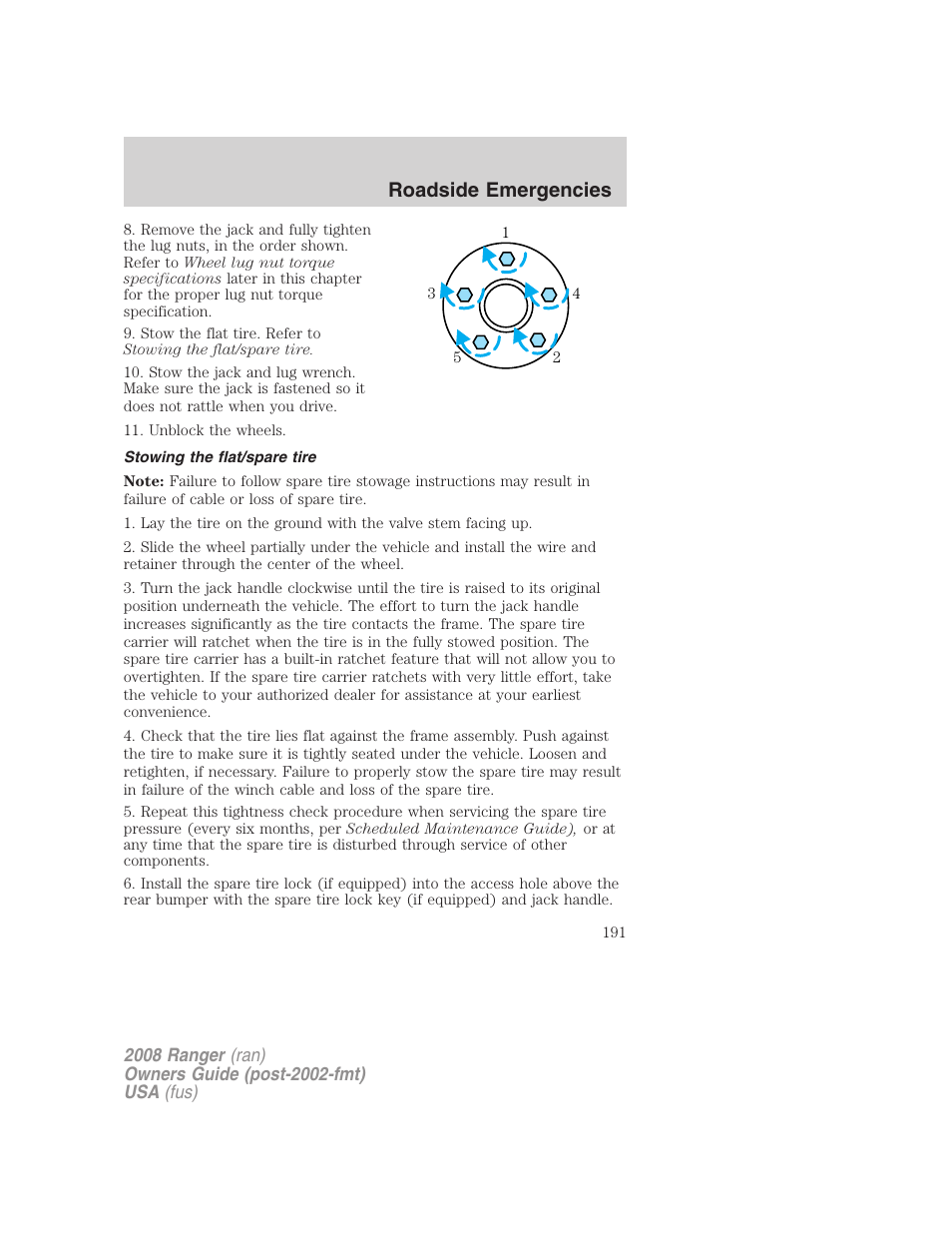 Stowing the flat/spare tire, Roadside emergencies | FORD 2008 Ranger v.1 User Manual | Page 191 / 272