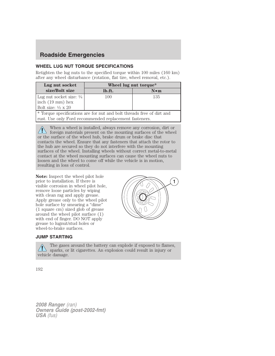 Wheel lug nut torque specifications, Jump starting, Lug nut torque | Roadside emergencies | FORD 2008 Ranger v.1 User Manual | Page 192 / 272