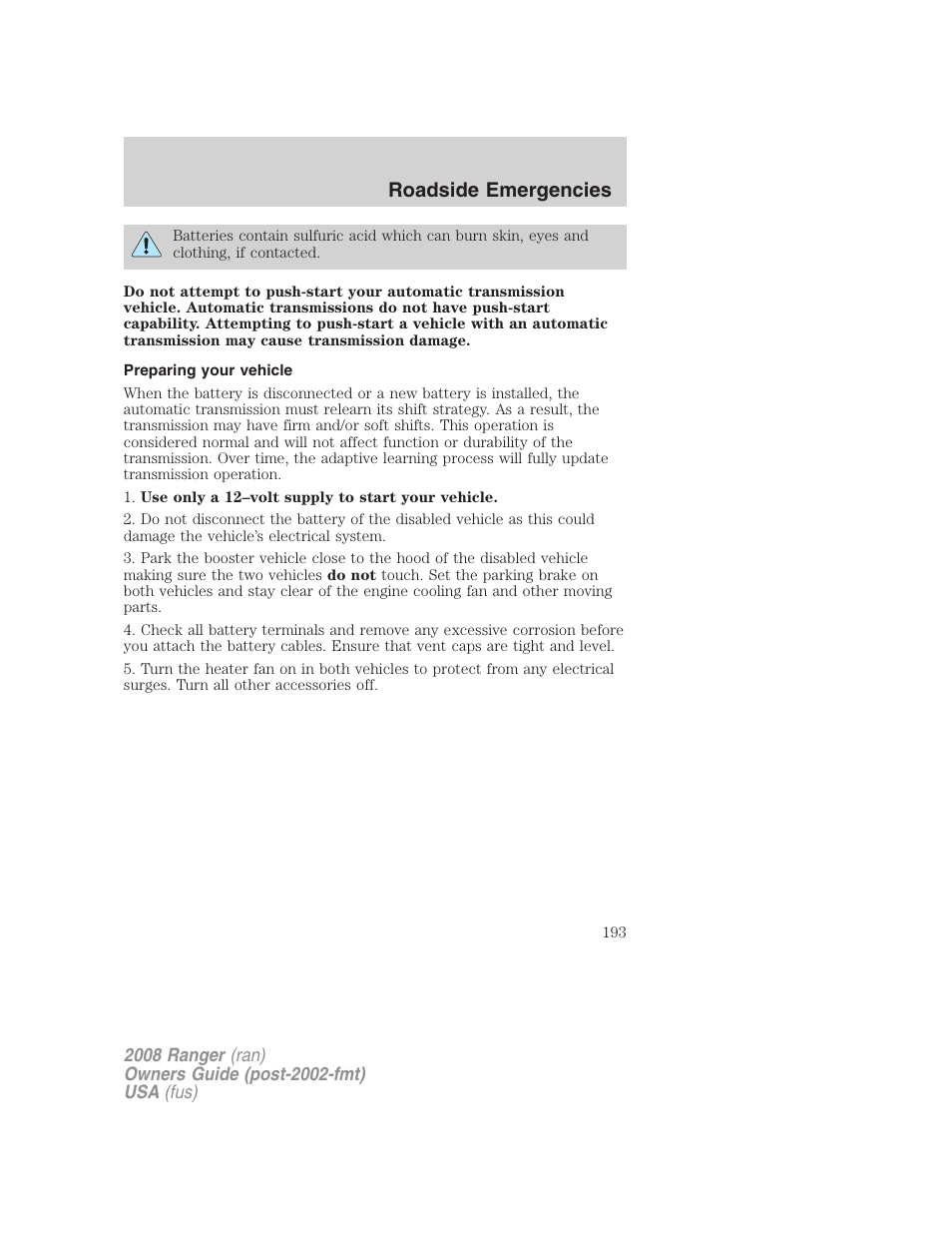 Preparing your vehicle, Roadside emergencies | FORD 2008 Ranger v.1 User Manual | Page 193 / 272