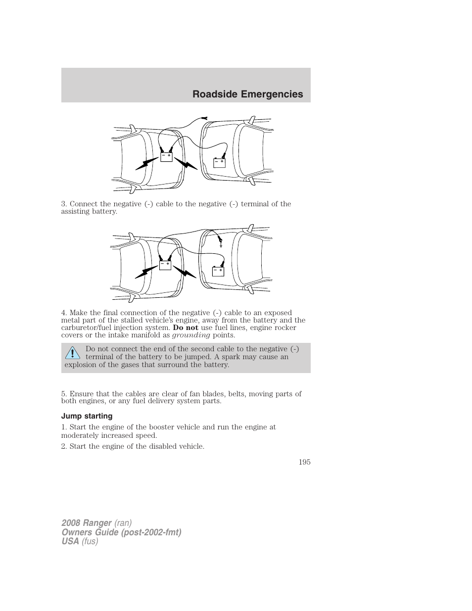 Jump starting, Roadside emergencies | FORD 2008 Ranger v.1 User Manual | Page 195 / 272