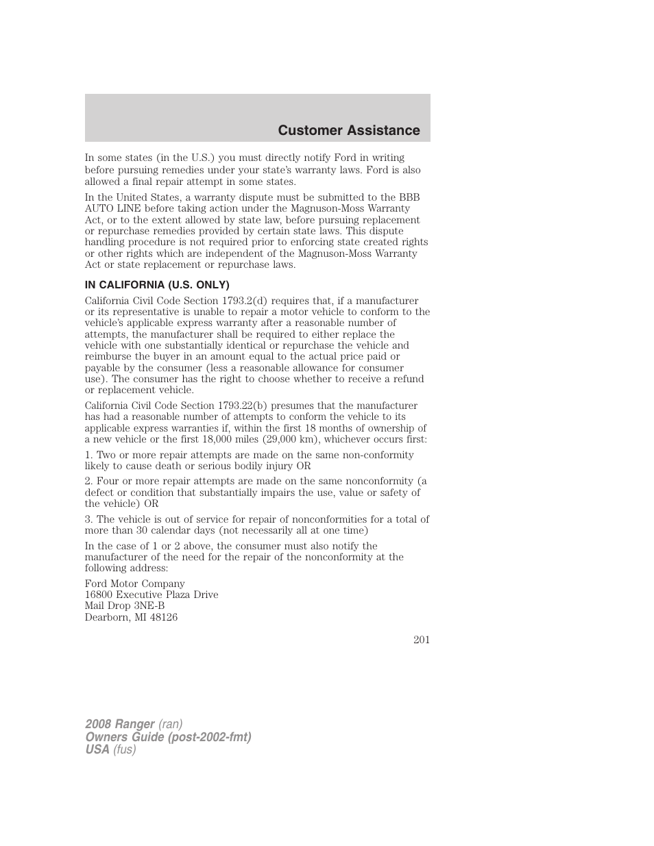 In california (u.s. only), Customer assistance | FORD 2008 Ranger v.1 User Manual | Page 201 / 272