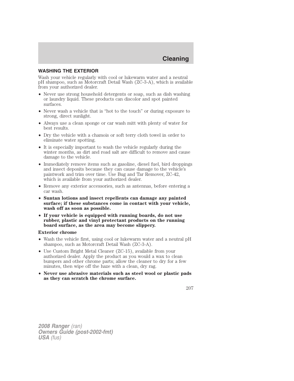 Cleaning, Washing the exterior | FORD 2008 Ranger v.1 User Manual | Page 207 / 272