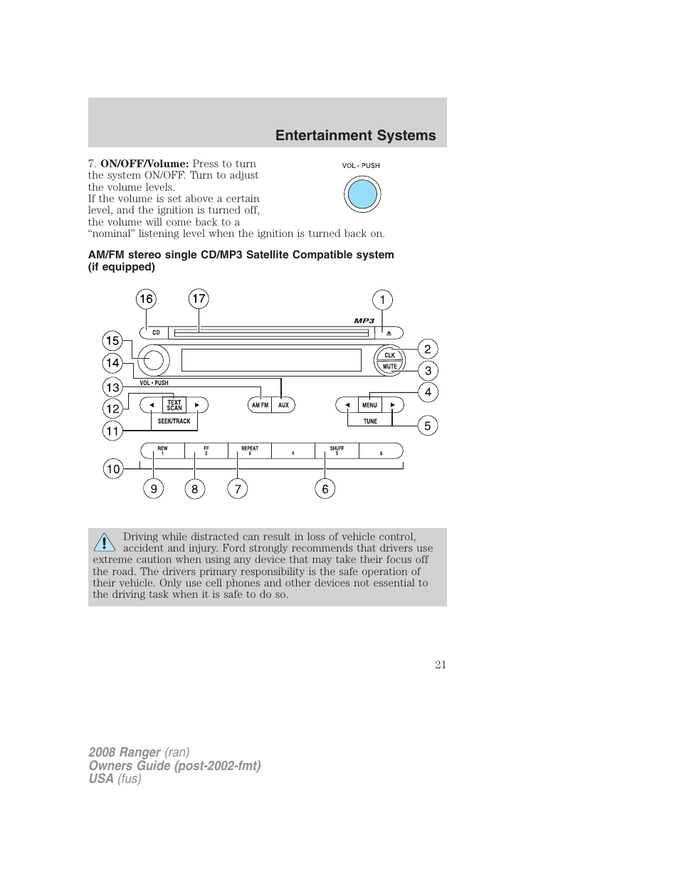 Am/fm stereo single cd/mp3 system, Entertainment systems | FORD 2008 Ranger v.1 User Manual | Page 21 / 272