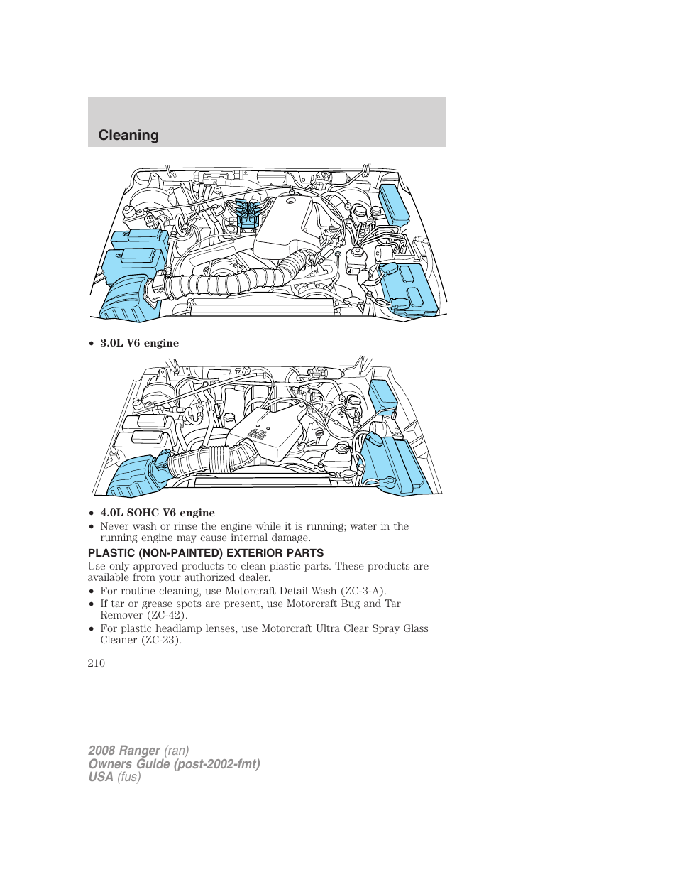 Plastic (non-painted) exterior parts, Cleaning | FORD 2008 Ranger v.1 User Manual | Page 210 / 272