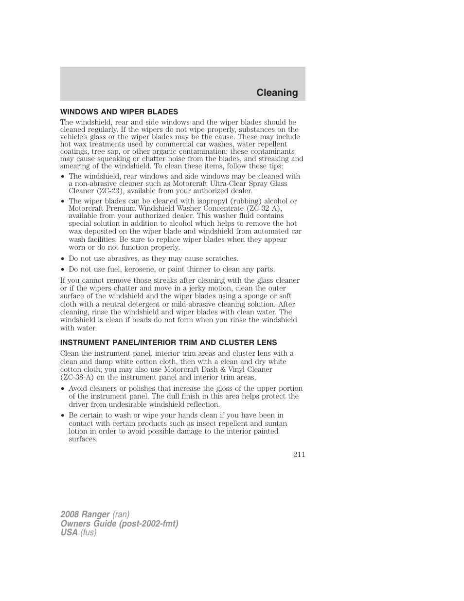 Windows and wiper blades, Instrument panel/interior trim and cluster lens, Cleaning | FORD 2008 Ranger v.1 User Manual | Page 211 / 272