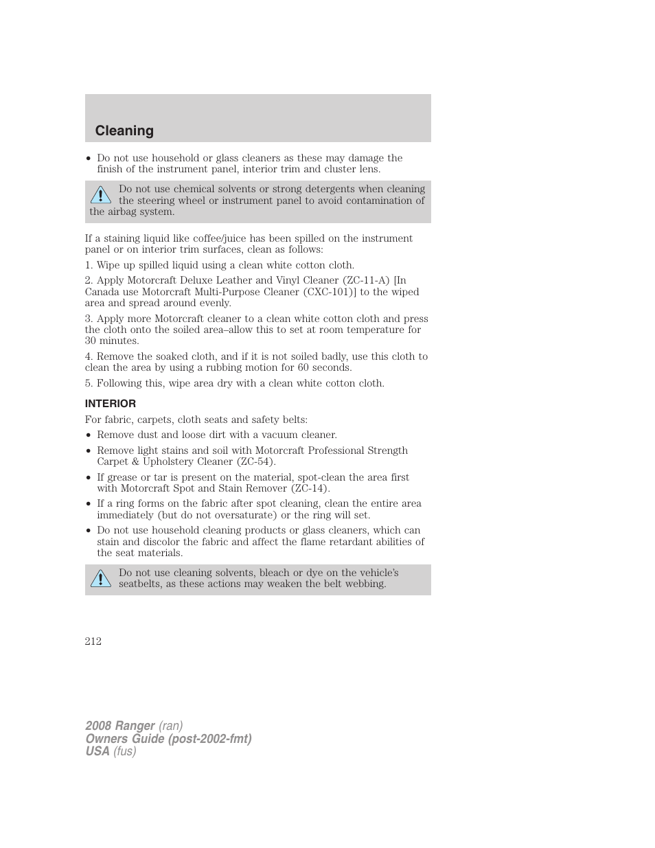 Interior, Cleaning | FORD 2008 Ranger v.1 User Manual | Page 212 / 272