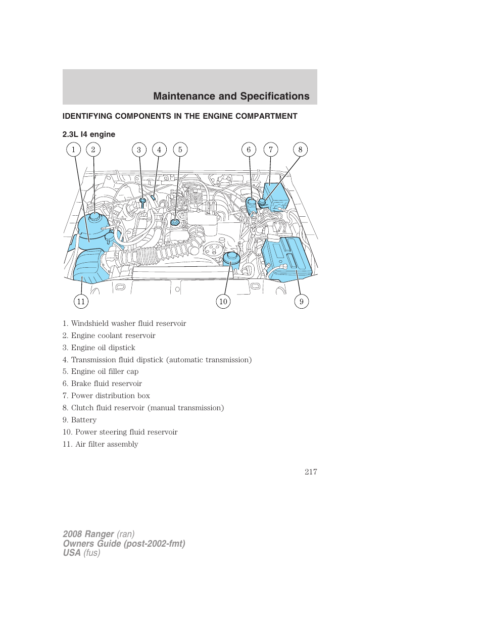 Identifying components in the engine compartment, 3l i4 engine, Engine compartment | Maintenance and specifications | FORD 2008 Ranger v.1 User Manual | Page 217 / 272