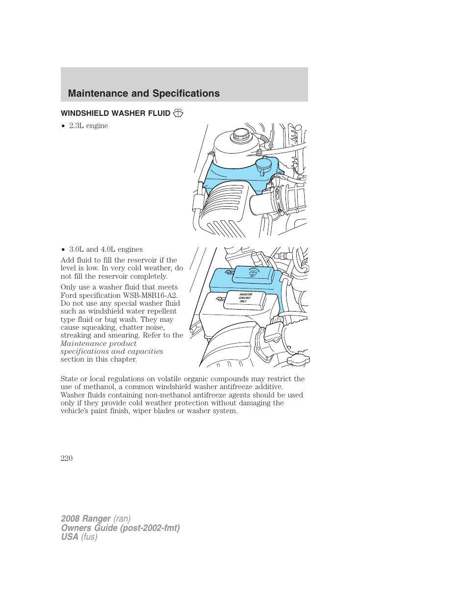 Windshield washer fluid, Maintenance and specifications | FORD 2008 Ranger v.1 User Manual | Page 220 / 272