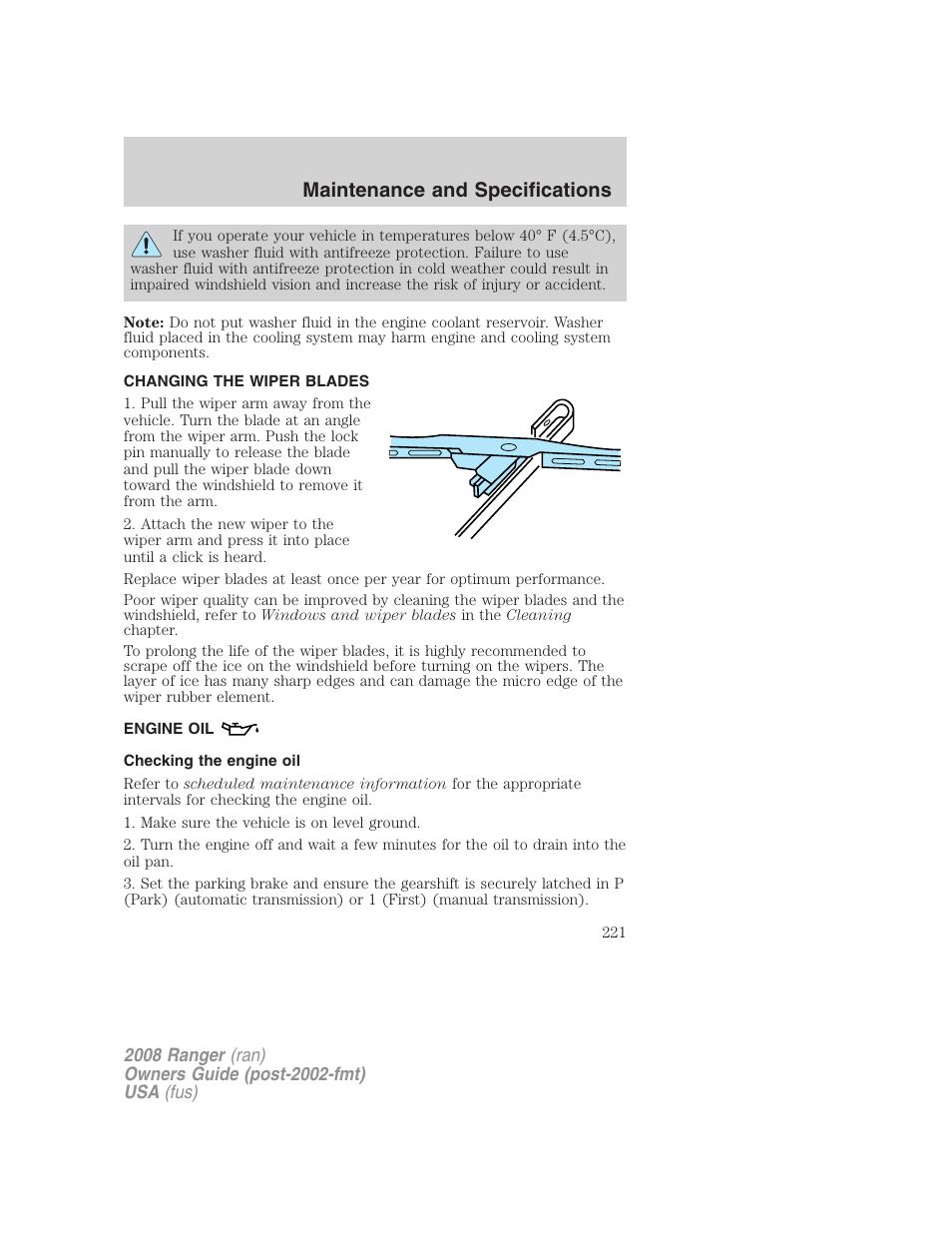 Changing the wiper blades, Engine oil, Checking the engine oil | Maintenance and specifications | FORD 2008 Ranger v.1 User Manual | Page 221 / 272