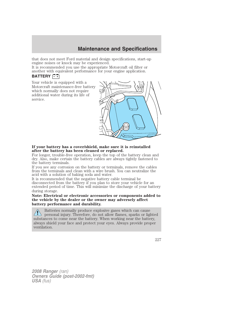 Battery, Maintenance and specifications | FORD 2008 Ranger v.1 User Manual | Page 227 / 272