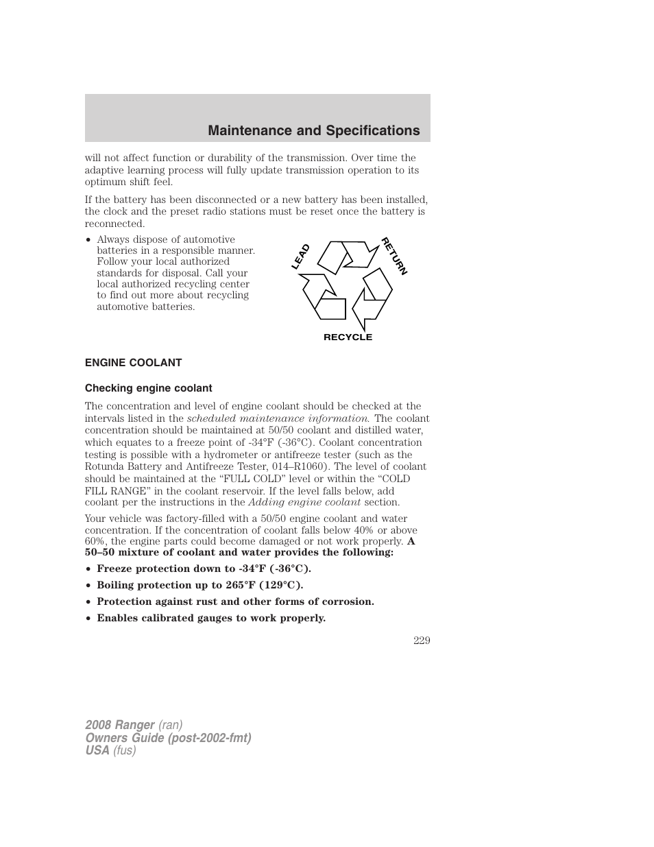 Engine coolant, Checking engine coolant, Maintenance and specifications | FORD 2008 Ranger v.1 User Manual | Page 229 / 272