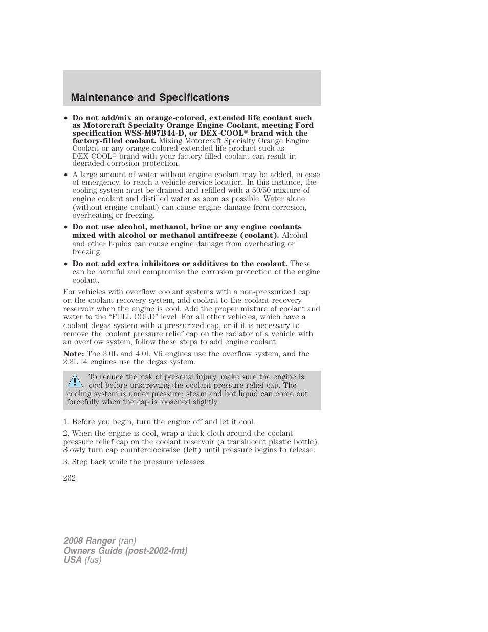 Maintenance and specifications | FORD 2008 Ranger v.1 User Manual | Page 232 / 272