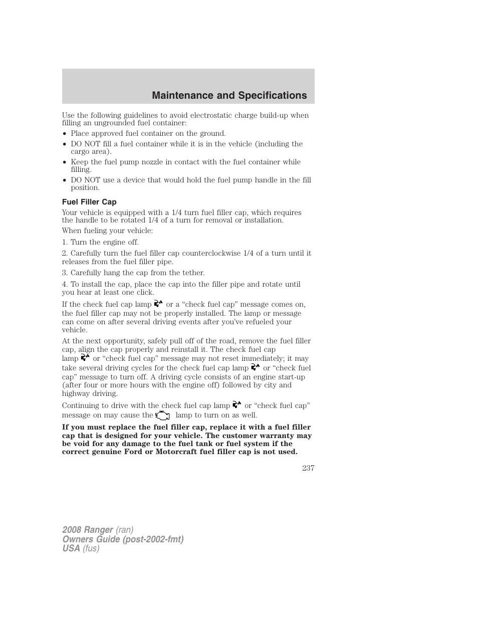 Fuel filler cap, Maintenance and specifications | FORD 2008 Ranger v.1 User Manual | Page 237 / 272