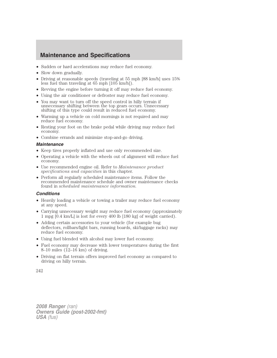 Maintenance, Conditions, Maintenance and specifications | FORD 2008 Ranger v.1 User Manual | Page 242 / 272