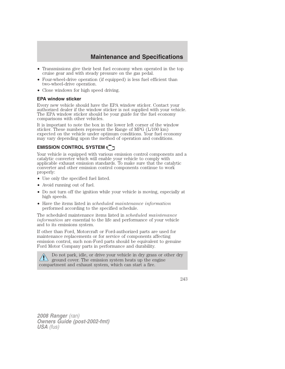 Epa window sticker, Emission control system, Maintenance and specifications | FORD 2008 Ranger v.1 User Manual | Page 243 / 272