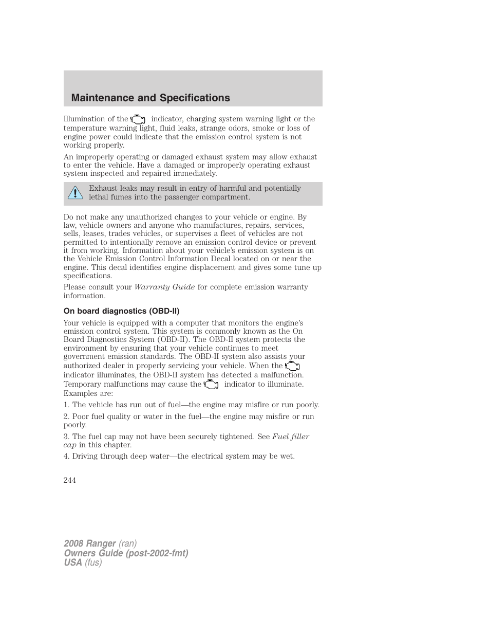 On board diagnostics (obd-ii), Maintenance and specifications | FORD 2008 Ranger v.1 User Manual | Page 244 / 272