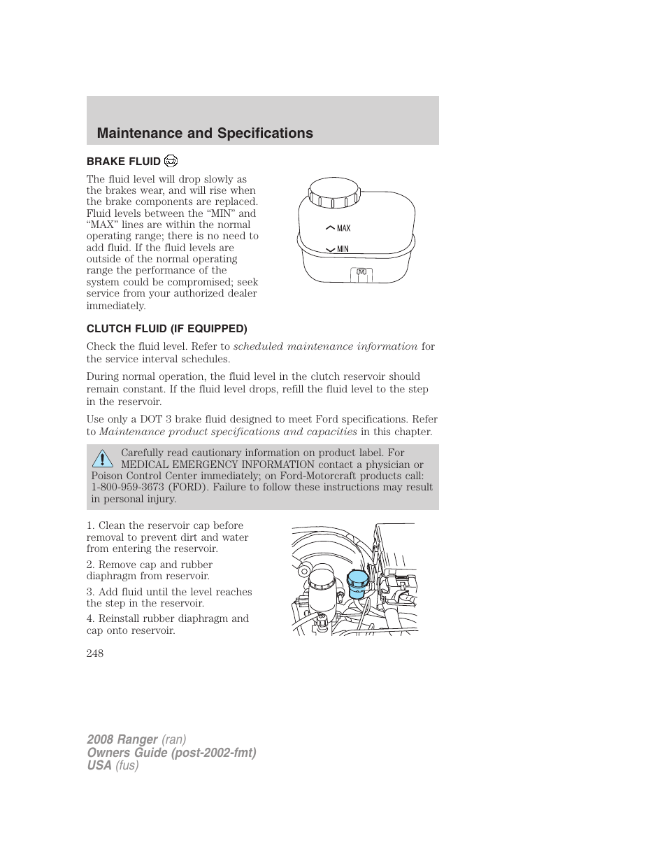 Brake fluid, Clutch fluid (if equipped), Maintenance and specifications | FORD 2008 Ranger v.1 User Manual | Page 248 / 272