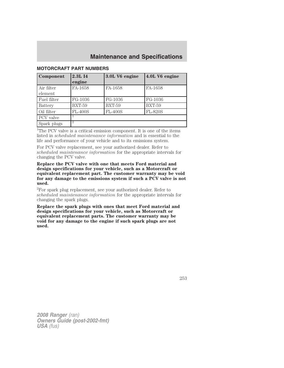 Motorcraft part numbers, Part numbers, Maintenance and specifications | FORD 2008 Ranger v.1 User Manual | Page 253 / 272