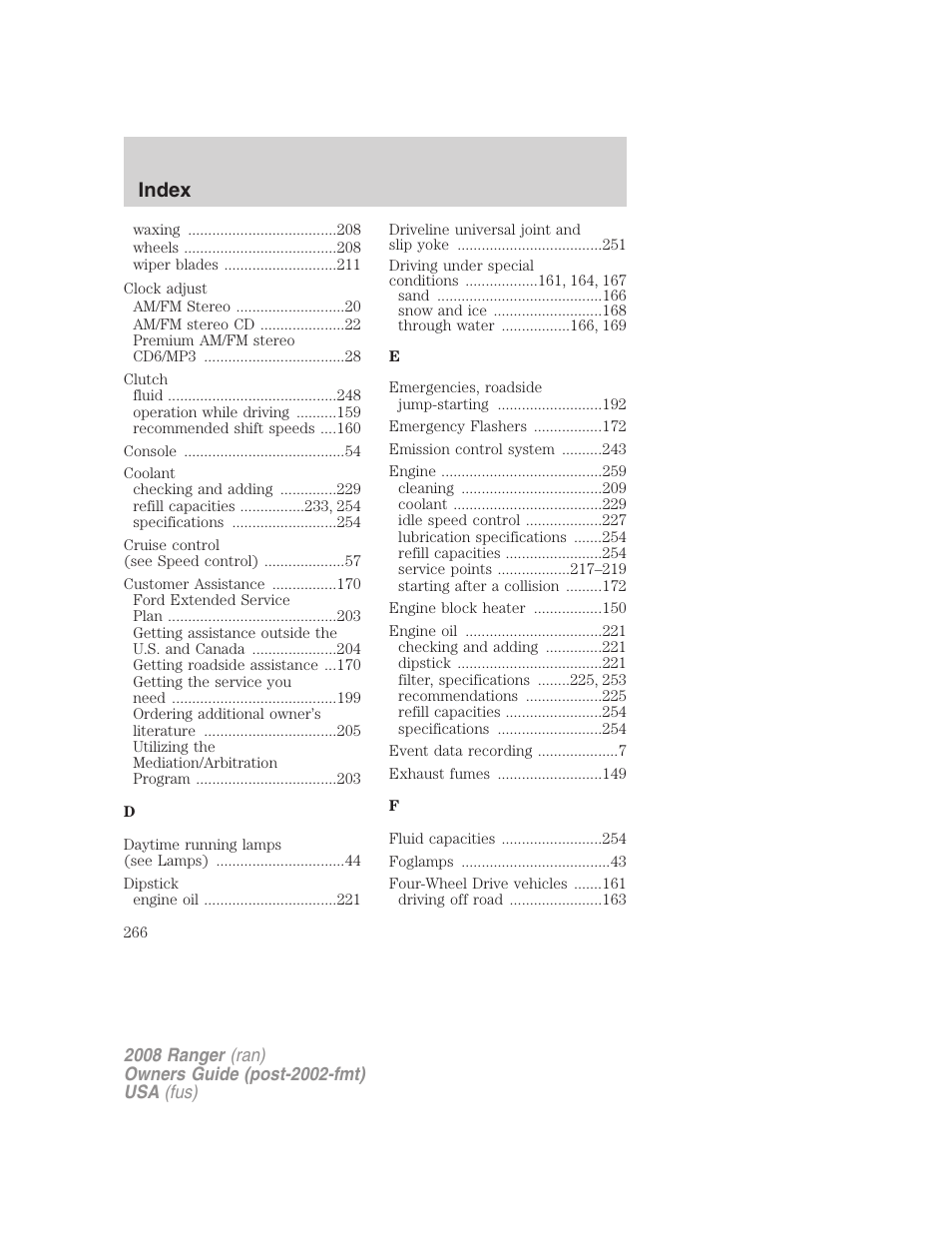 Index | FORD 2008 Ranger v.1 User Manual | Page 266 / 272