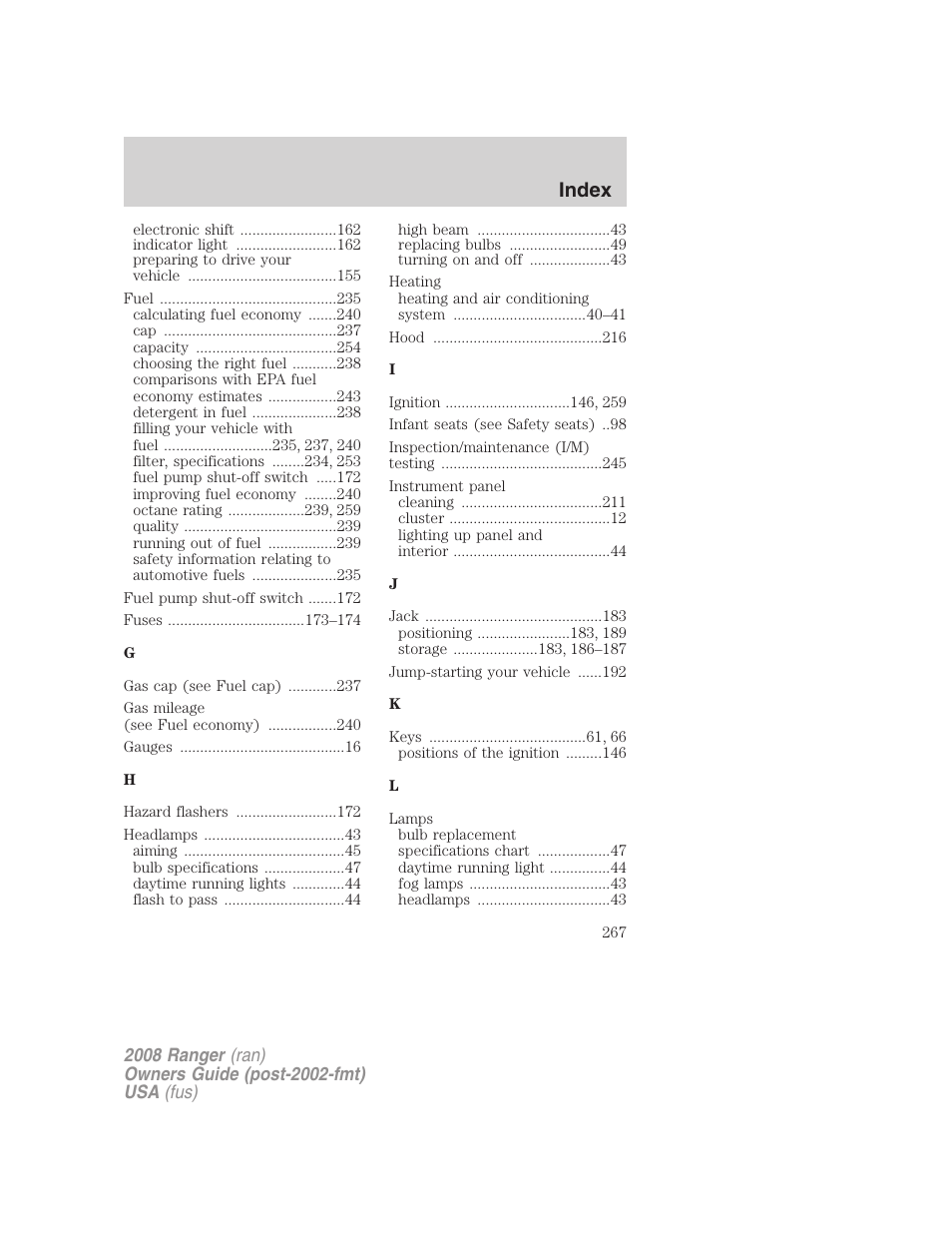 Index | FORD 2008 Ranger v.1 User Manual | Page 267 / 272