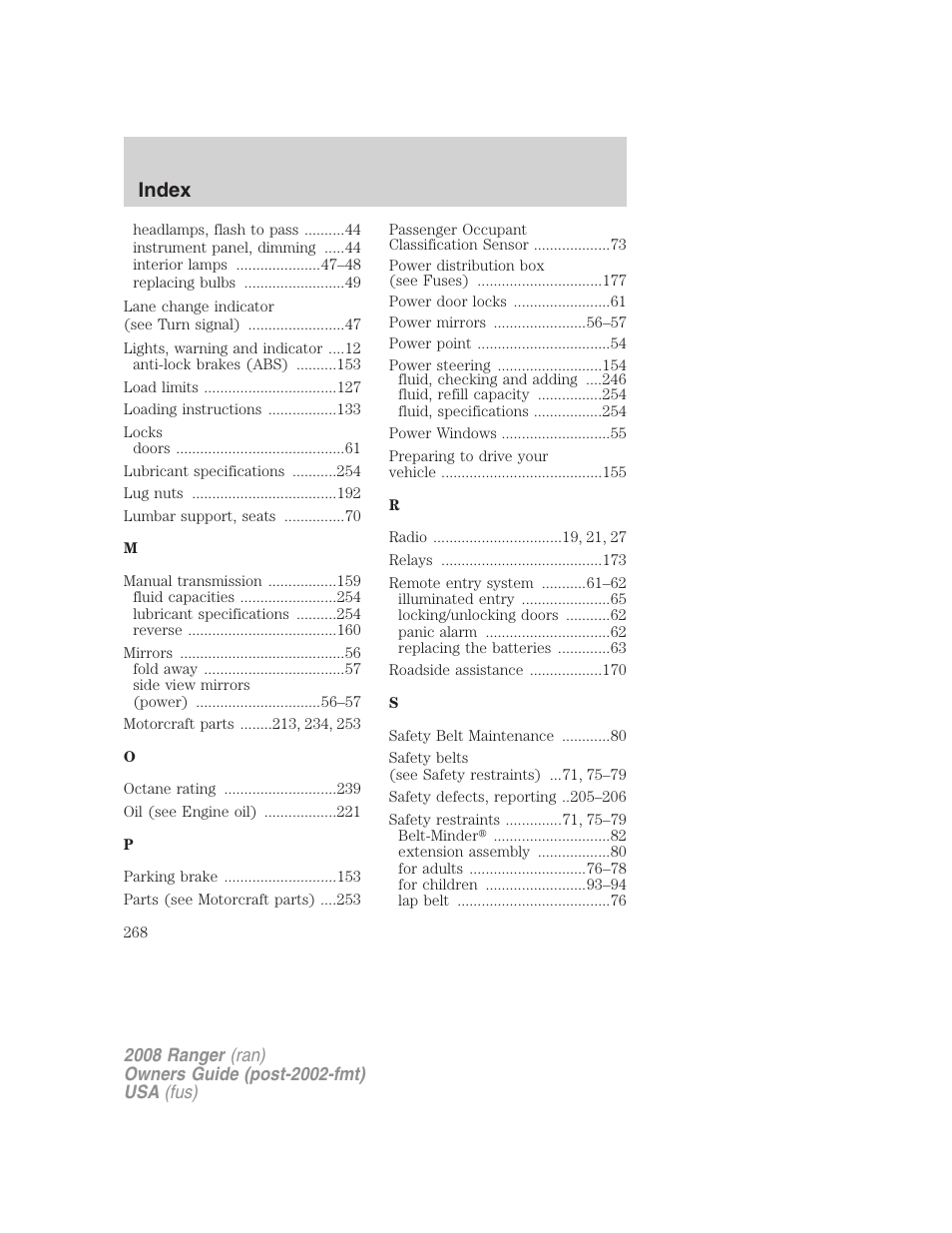 Index | FORD 2008 Ranger v.1 User Manual | Page 268 / 272